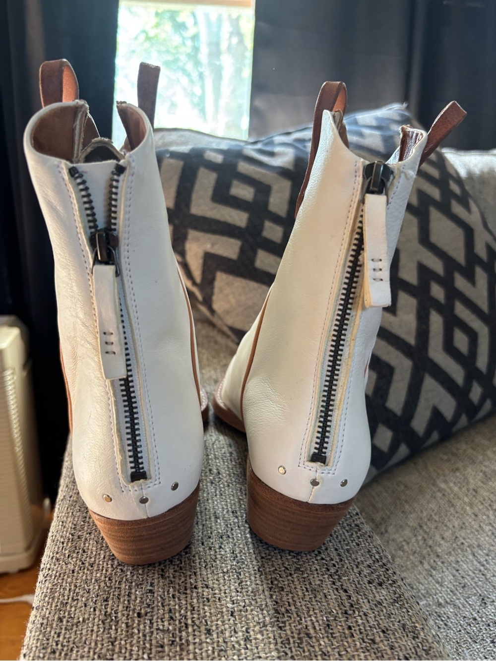 We The Free Cream Leather Western Ankle Boots with Tan Trim - Picture 5 of 14